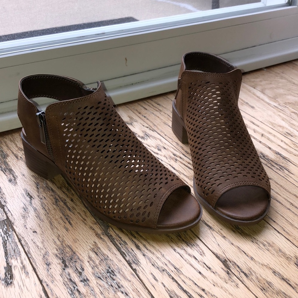 Brand new open toe booties with a block heel